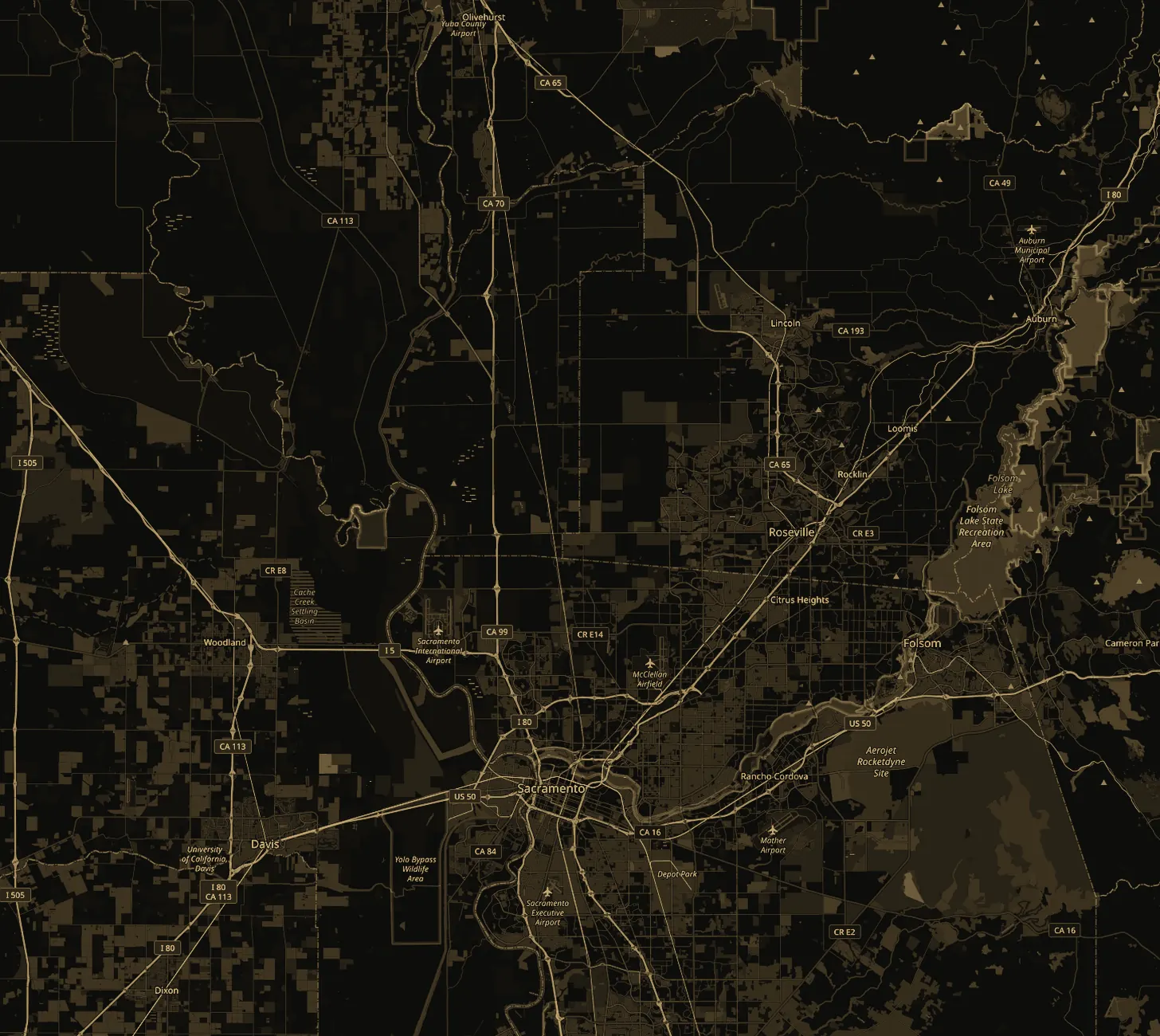 Map of the airports we service around Sacramento: Sacramento Executive (SAC), Sacramento Mather (MHR), McClellan Airfield (MCC), Lincoln Regional (LHM), Auburn Municipal (AUN), Yolo County (DWA) and University Airport (EDU)
